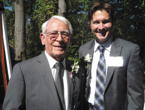 submitted photoJames Franklin McVey, great-great grandson of McVey Cemetery  Pioneer John McVey, and Warren Township Trustee Jeff Bennett were on hand for the dedication of the grave marker.