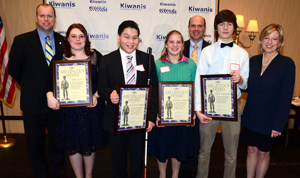 submitted photo
The four Abe Lincoln Scholarship Awards recipients pose with Steve Fero, Club President, Steve Willem, Abe Lincoln Committee and Anne Ryder. From left to right: Steve Fero, first-place recipient Holly Cox (Beech Grove High School); third-place recipient Jesus Kevin Morales (Indiana School for the Blind and Visually Impaired); second-place recipient Katerina Myers (Heritage Christian High School); Steve Willem; fourth-place recipient Jack VanSchaik (Arsenal Technical High School); Anne Ryder.
