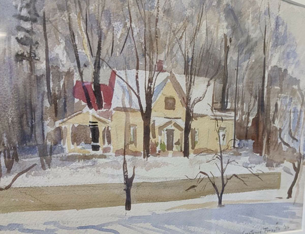 The artist William Forsyth’s home, painted by his daughter, Constance, shortly after his death in 1935. This view was from a second floor bedroom of the Hilton U Brown home which stood on the Southwest corner of Emerson Avenue and Washington Street. The red building seen in the back left side was Forsyth’s studio. The home and studio were demolished.