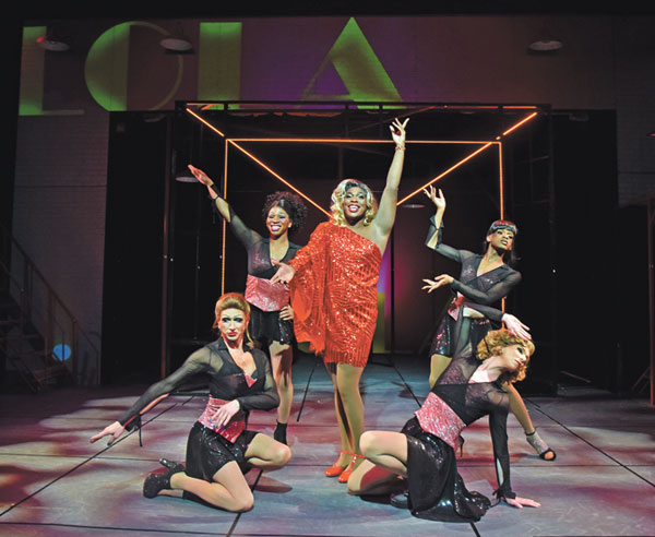 submitted photo
Lola (Jonathan Studdard), center, performs at the Blue Angel Club with her Angels in Beef & Boards Dinner Theatre’s production of Kinky Boots. Based on a true story, the musical features music by pop icon Cyndi Lauper.