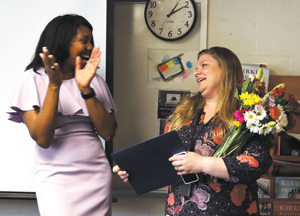 photo courtesy Indianapolis Public Schools
IPS Supt. Dr. Aleesia Johnson speaks with Paige Sjoerdsma of Butler Lab School 55, who was named the district’s Teacher of the Year representing the secondary school category.