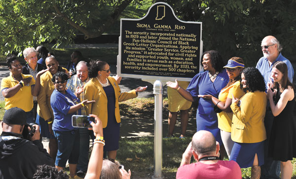 Photo by CJ Woods III/Weekly View
Unveiling of the Historic Sigma Gamma Rho Sorority Marker at the Bona Thompson Memorial Center on Monday July 11. (LtoR) Twana Cannon, Bill Gulde (President of the Irvington Historic Society), Tamika Williams Clark, Tanika Scott, Steve Barnett (Marion County Historian and Executive Director of the Irvington Historic Society), Joann Loveless (Chairman of the Centennial Celebration), Rasheeda Liberty (Grand Basileus of the Sorority), Angela Barnes, Te’Lor Allen, Steve Schmidt (curator of exhibit) and Casey Pfeiffer (Indiana Historical Society).
