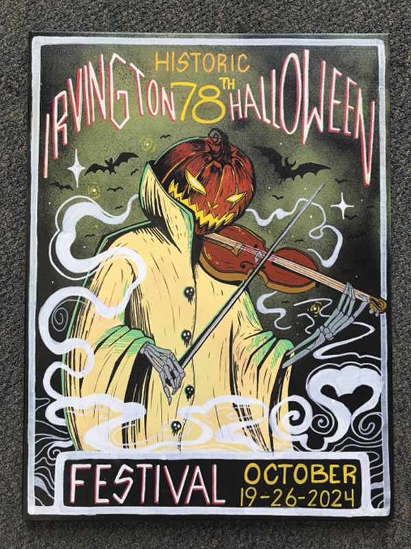 The Historic Irvington Halloween Festival poster contest winner has been announced. Davion Ellis created the first place poster (pictured here). Second place went to Kendra Petruniw and third place to Danille Pagel. All the Festival Posters will be available for auction during the week-long festivities leading up to the Street Fair on Oct. 26. The print of the winning poster to buy will be available at  Hampton & Co. and the Irvington Famers Market Sunday, Aug. 11th.